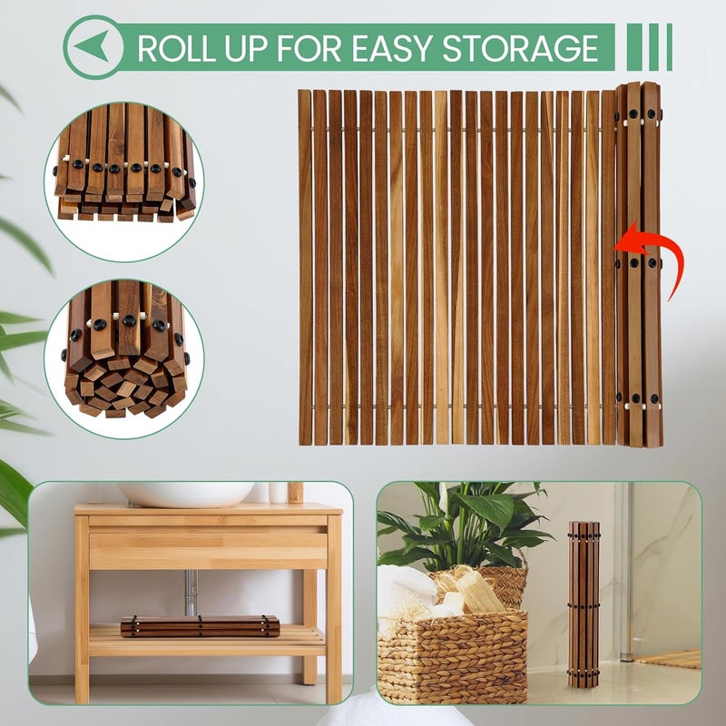 DoubleFill Teak Wood Bath Mat, 30" x 30" Teak Shower and Bath Mat for Indoor and Outdoor Use, Non Slip Rollable Wooden Platform for Sauna, Pool, Bathtub, Hot Tub Flooring Decor and Protector - Image 2